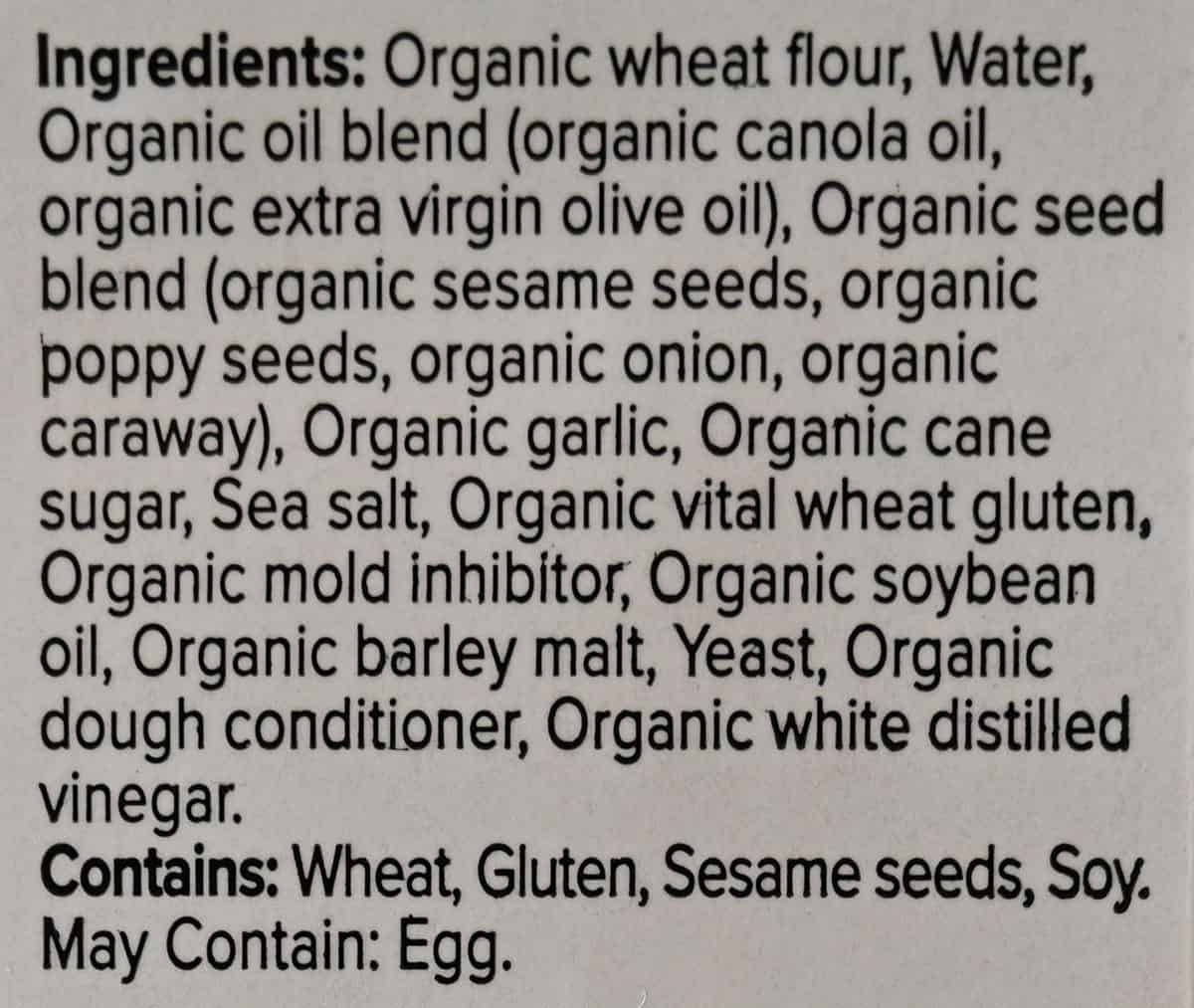 Costco Schwartz Brothers Everything Bagel Chips ingredients label from the container. 