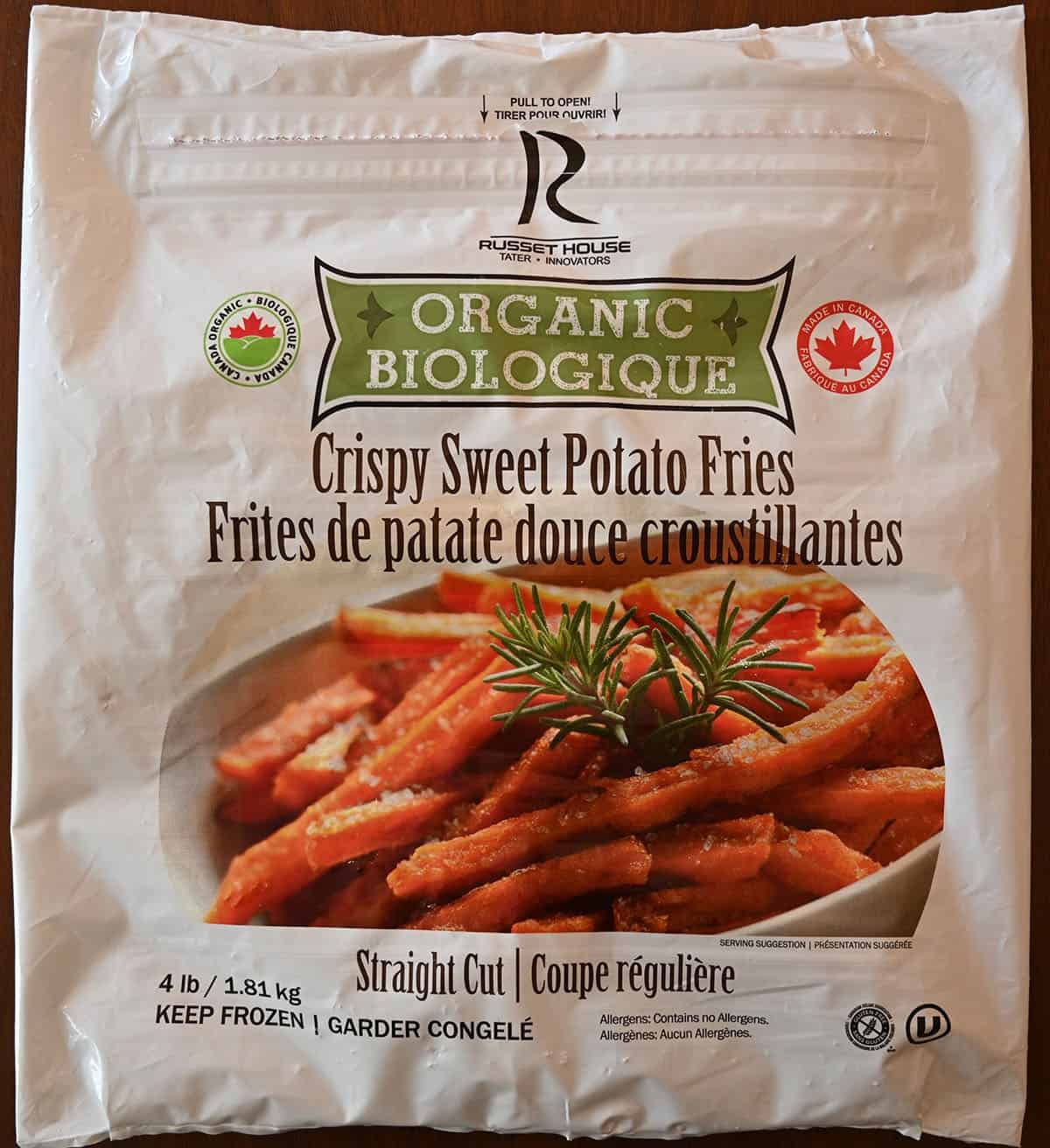 Closeup image of an empty Costco Russet House Sweet Potato Fries laying on a table. 