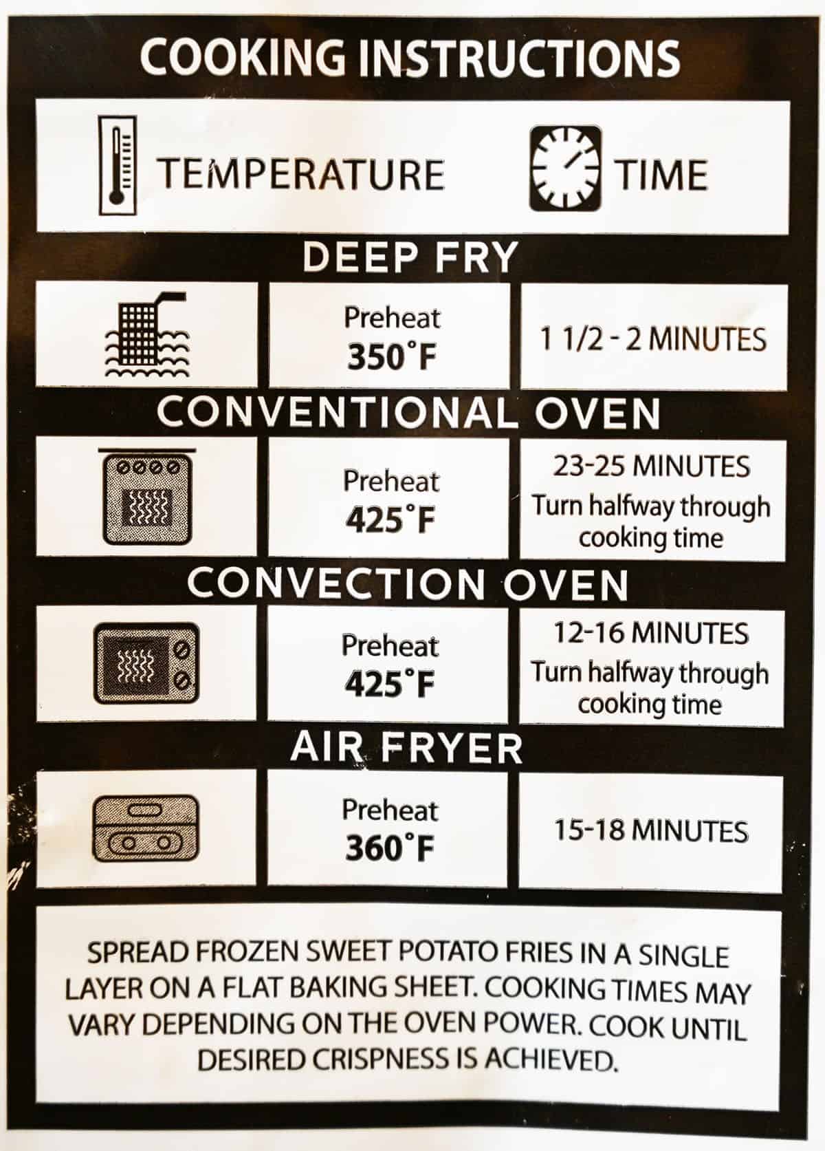 Costco Russet House Sweet Potato Fries cooking instructions from bag. 