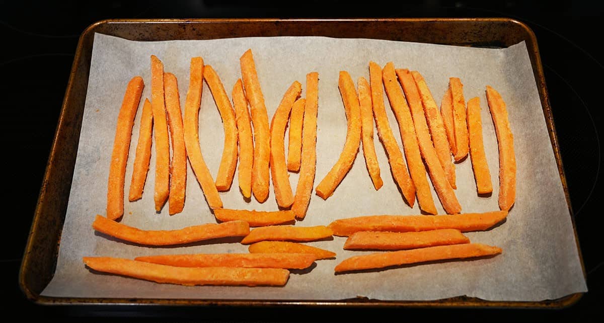 Image of Costco Russet House Sweet Potato Fries on a baking tray before being cooked in the oven. 
