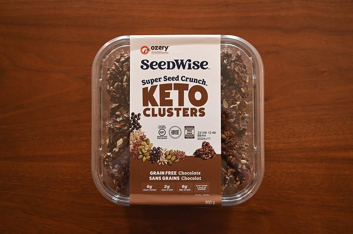 Costco Costco Ozery Seedwise Keto Clusters sitting on a table, top down image. 