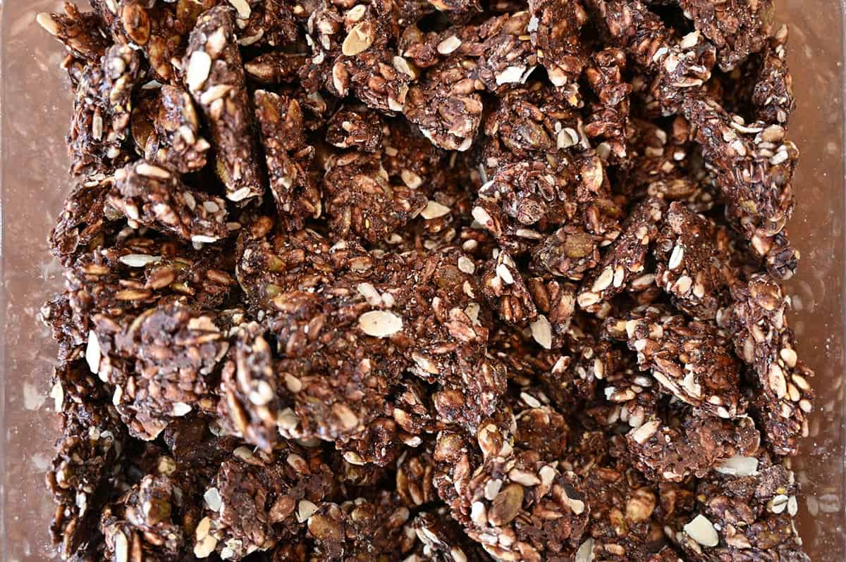 Close up image of the Costco Seedwise Super Seed Crunch in the container. 