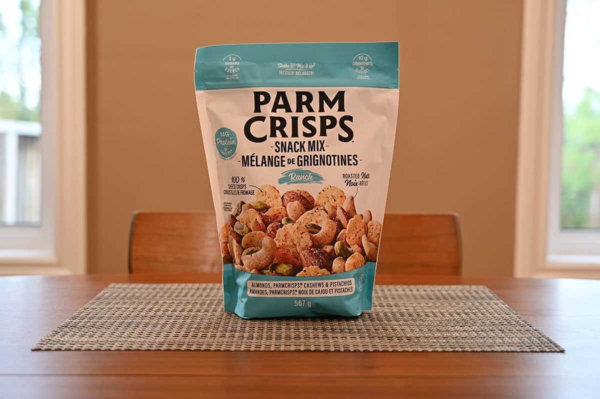 Image of Costco Parm Crisps Snack Mix bag sitting on a table. 