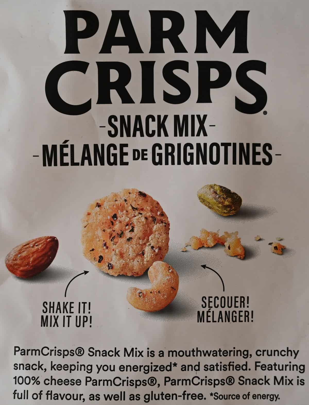 Costco Parm Crisps Snack Mix product description from bag. 