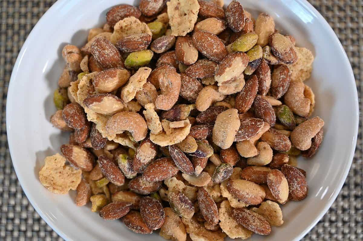 Closeup image of a bowl of Costco Parm Crisps Snack Mix. 