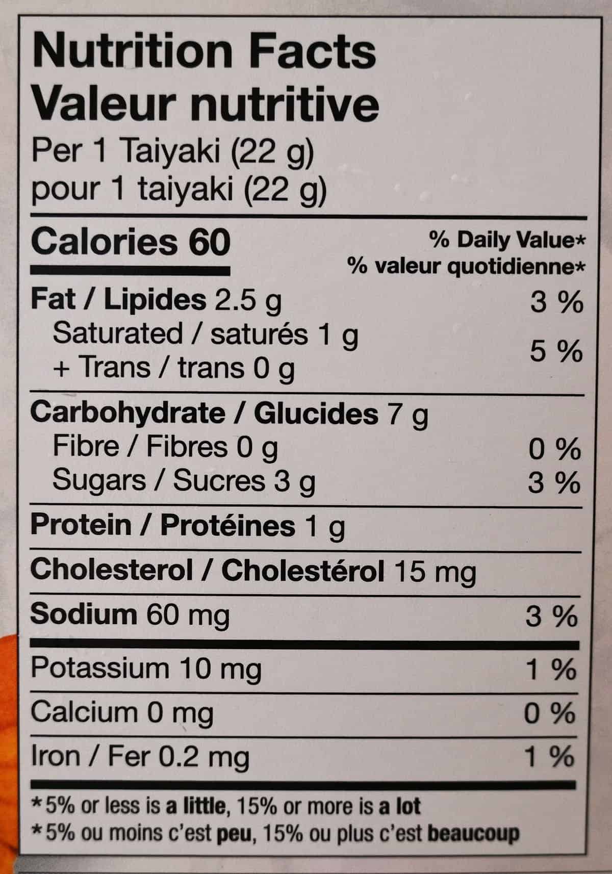 Image of the Costco taiyaki nutrition facts from box. 