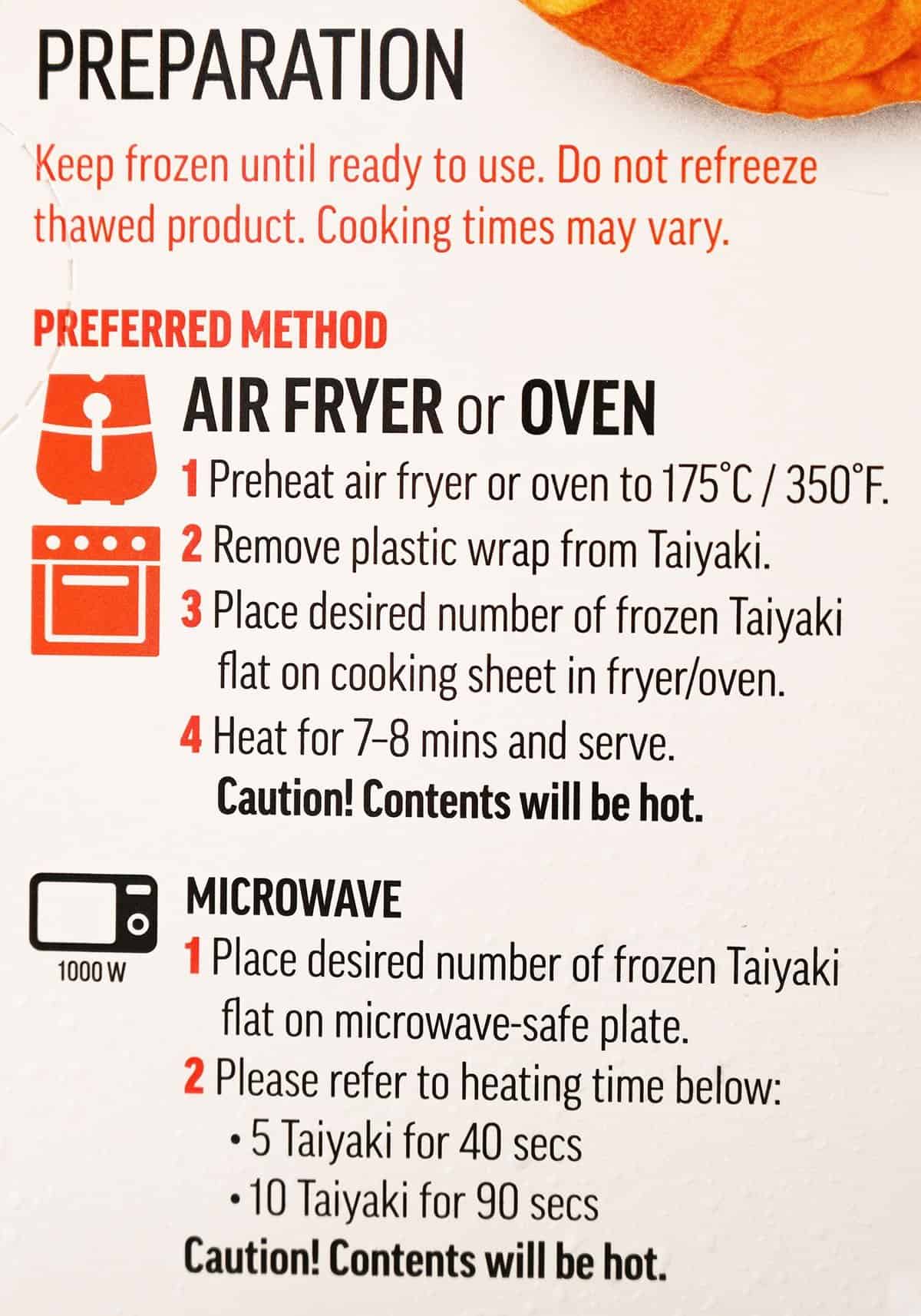 Cooking instructions from the box for Taiiyaki. 