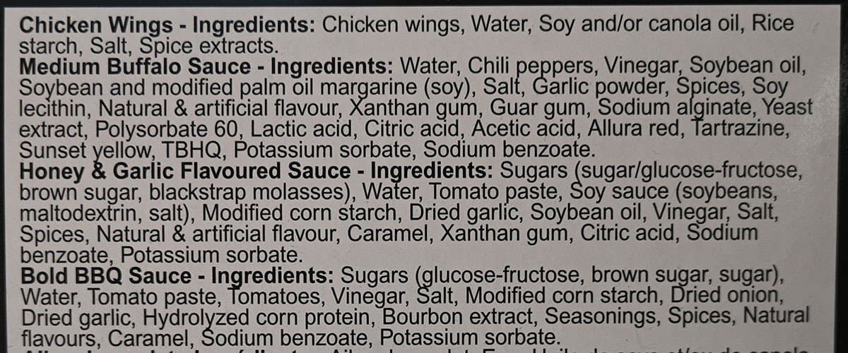 Costco Pinty's Crispy Chicken Wings ingredients.