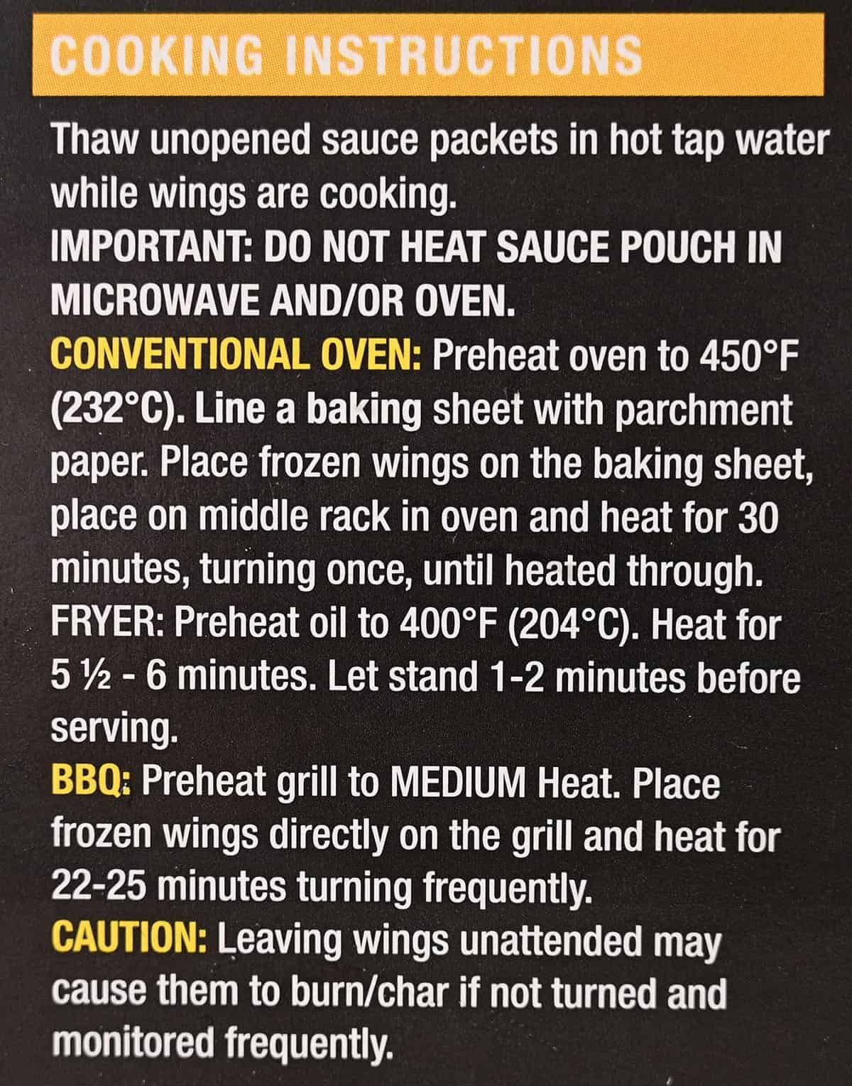 Costco Pinty's Crispy Chicken Wings cooking instructions from box.