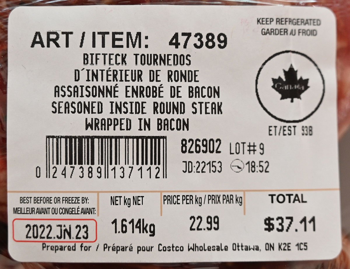 Closeup image of the Costco Dalisa Beef Tournedos label from packaging. showing price and weight. 