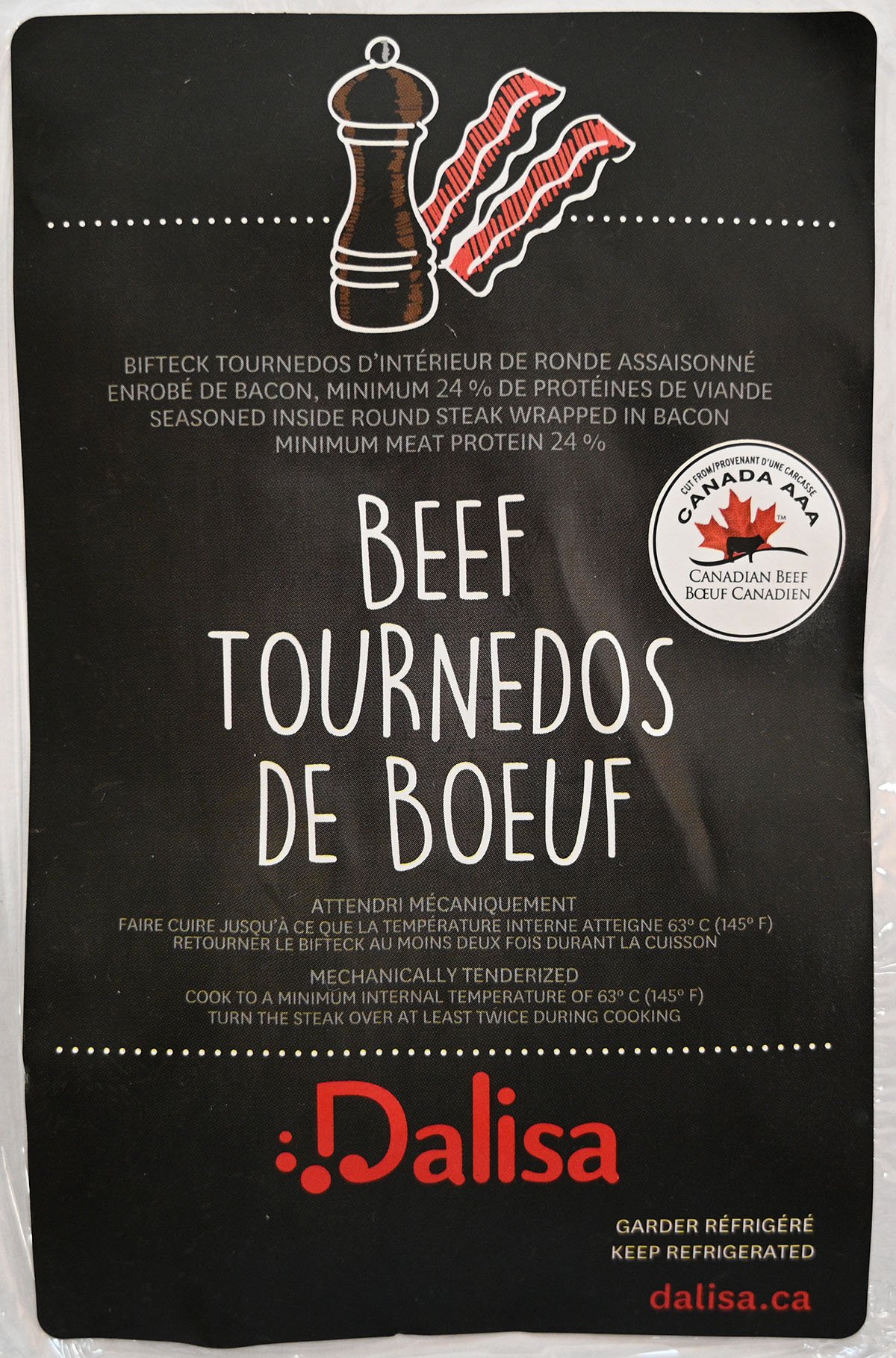 Closeup image of the Costco Dalisa Beef Tournedos label from packaging. 