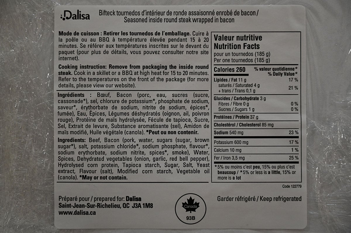 Costco Dalisa Beef Tournedo ingredients from label.