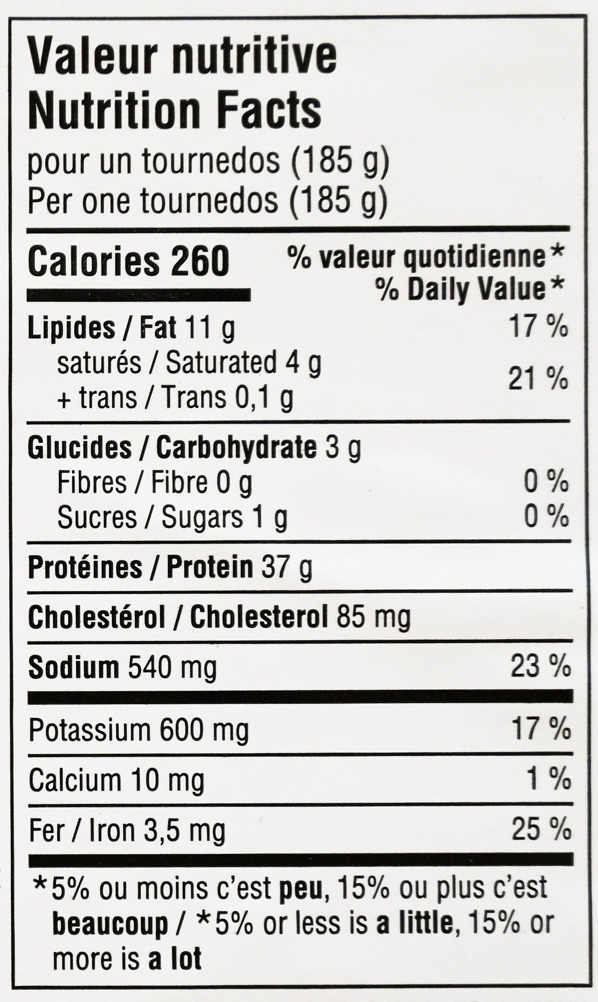 Costco Dalisa Beef Tournedo nutritions facts from label.