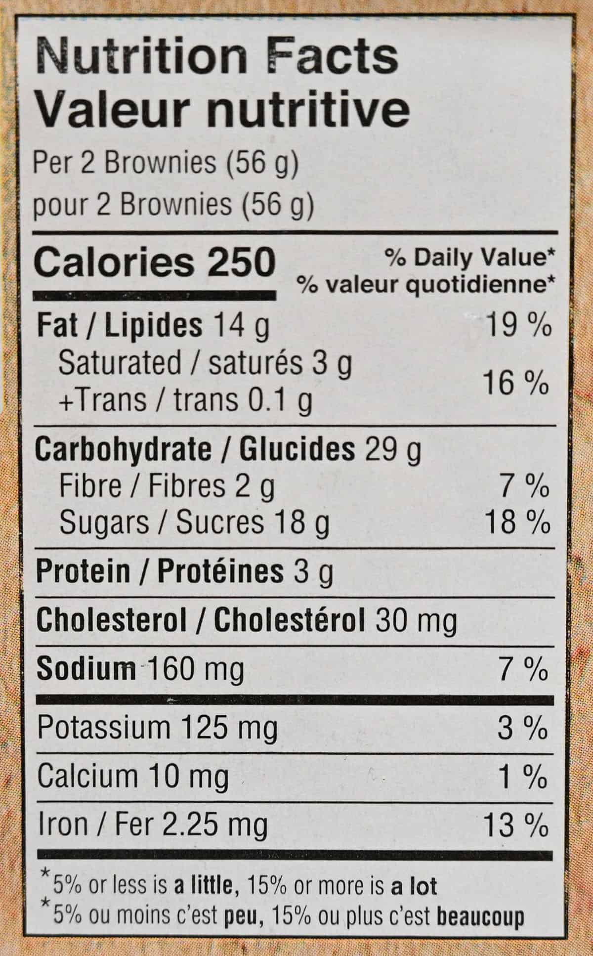 Costco Charlotte's Mini Chocolate Brownies nutrition facts from container.