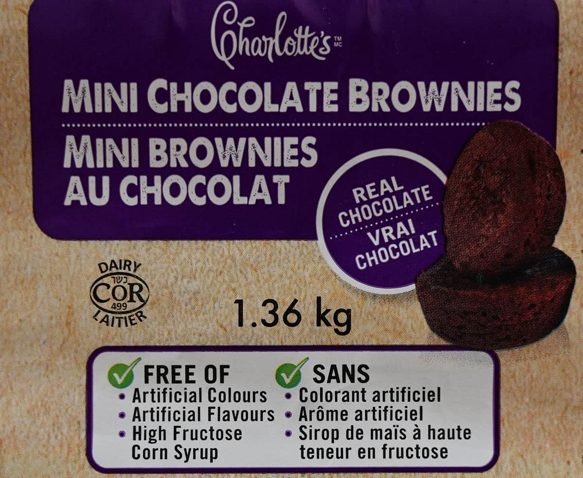 Costco Charlotte's Mini Chocolate  Brownies label from container showing free of artificial colors, flavors and high fructose corn syrup. 