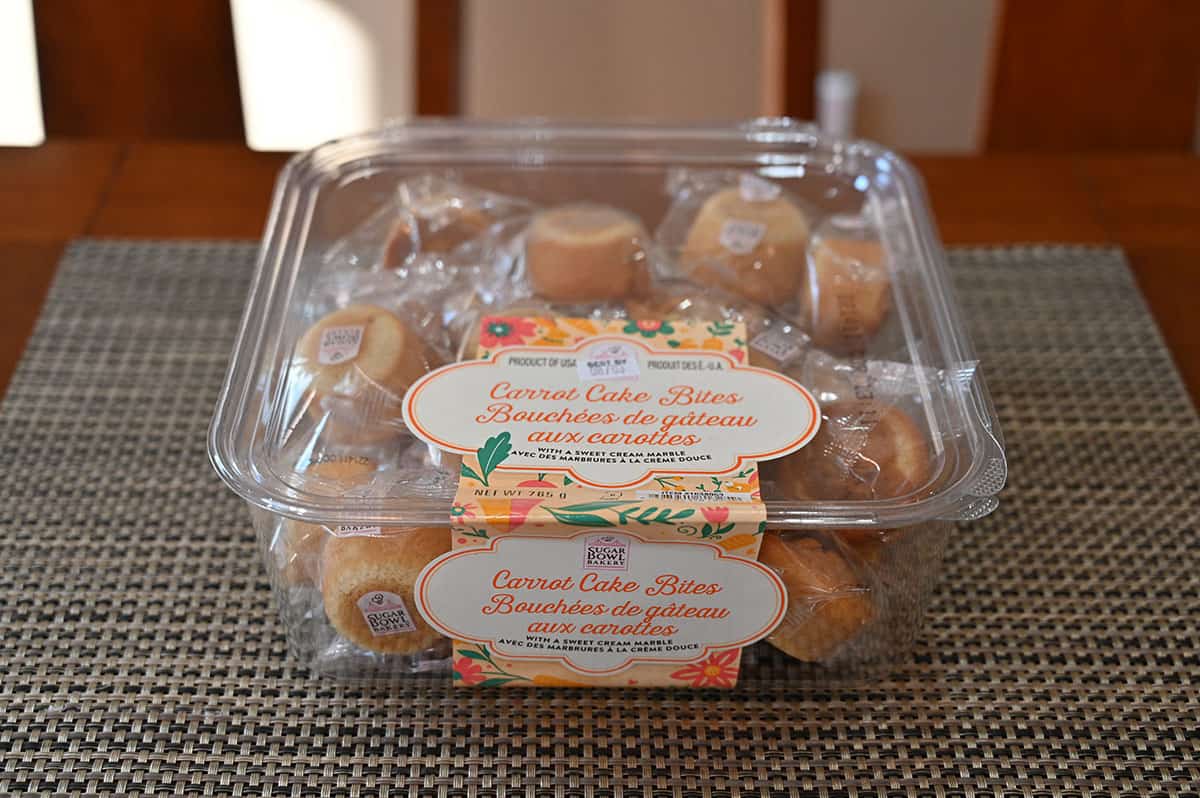 Costco Sugar Bowl Bakery Carrot Cake Bites container sitting on a table.