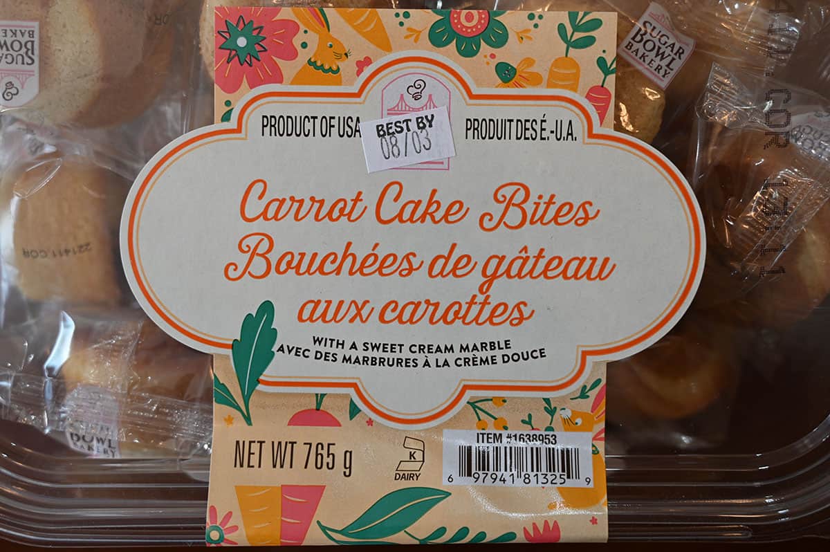 Close up image of the label on the Costco Sugar Bowl Bakery Carrot Cake Bites.