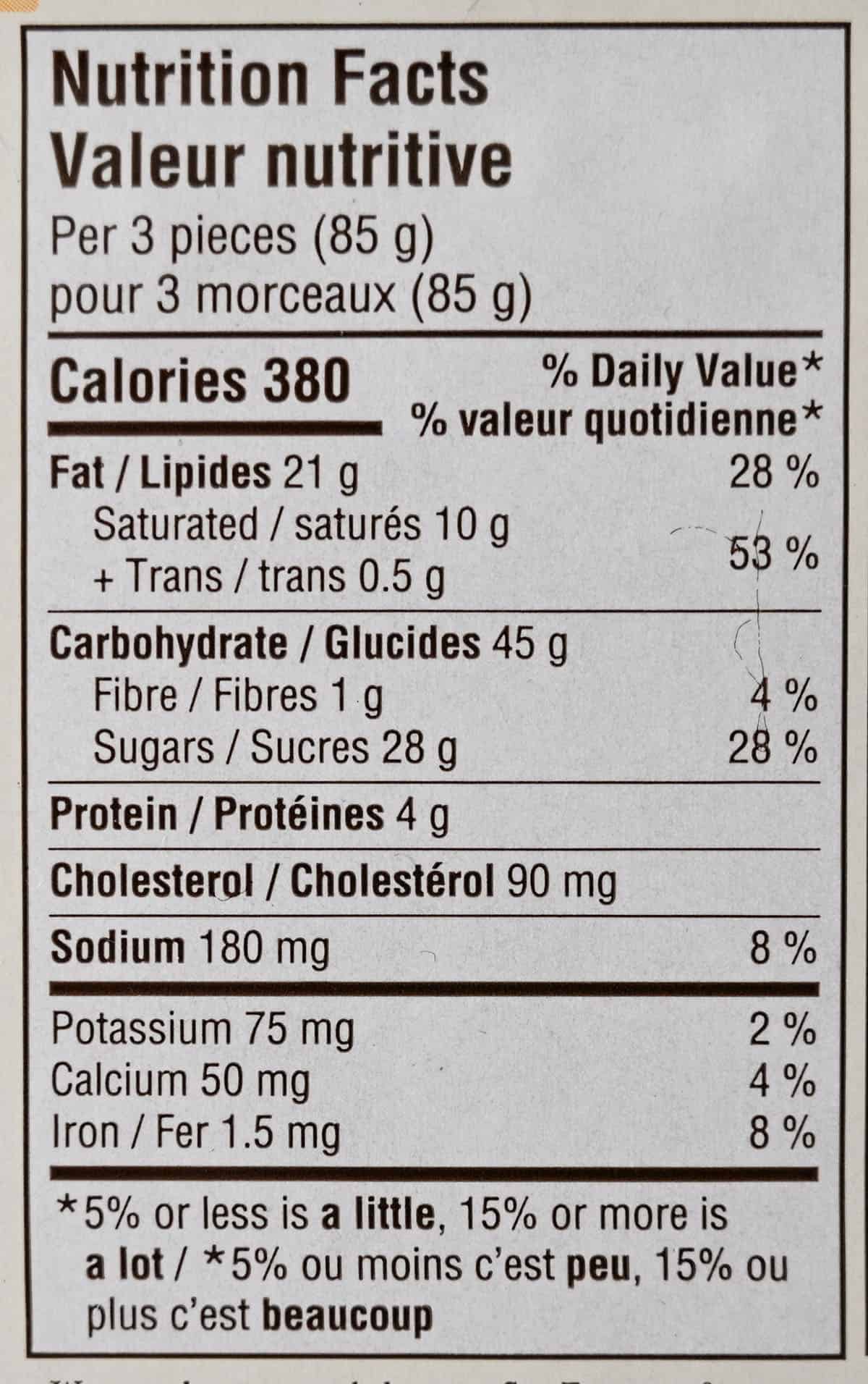 Costco Sugar Bowl Bakery Carrot Cake Bites nutrition facts from packaging.