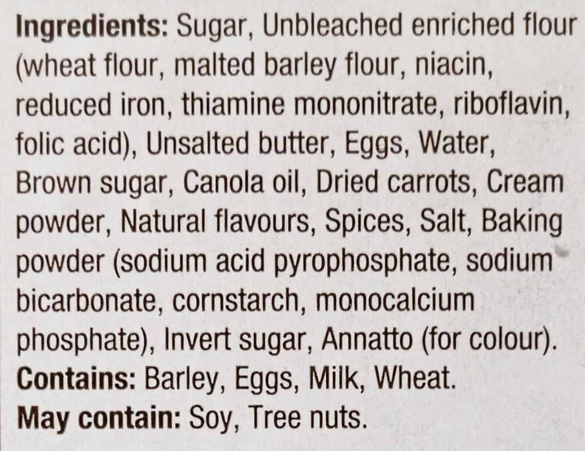 Costco Sugar Bowl Bakery Carrot Cake Bites ingredients from packaging.