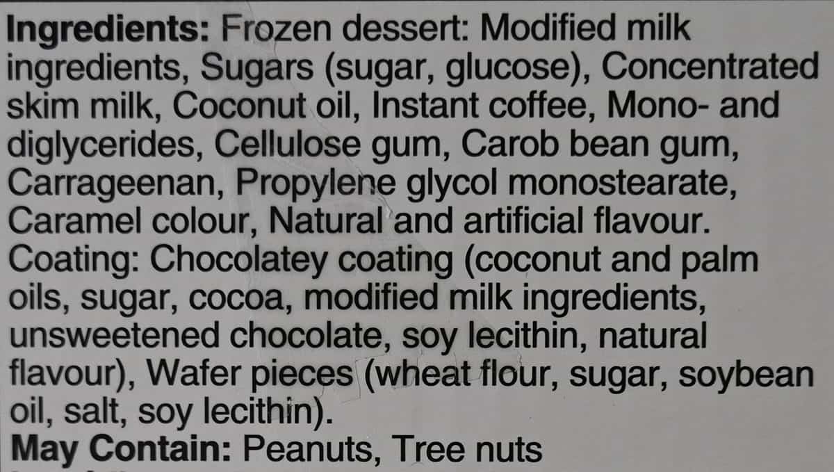 Costco Nestle Coffee Crisp Ice Cream Bar ingredients list from the box. 