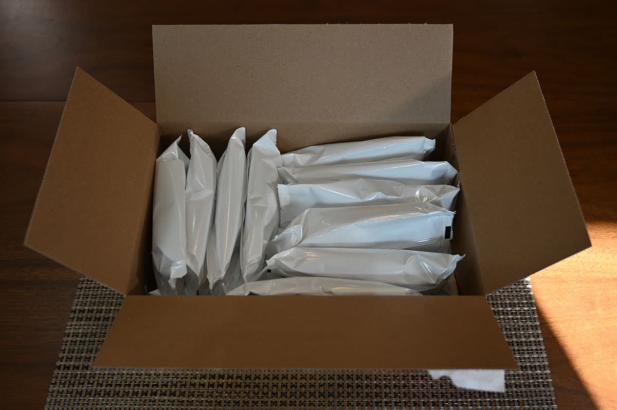 Image of the box of Costco Nestle Coffee Crisp Ice Cream Bars opened to show the individually wrapped bars in the box.