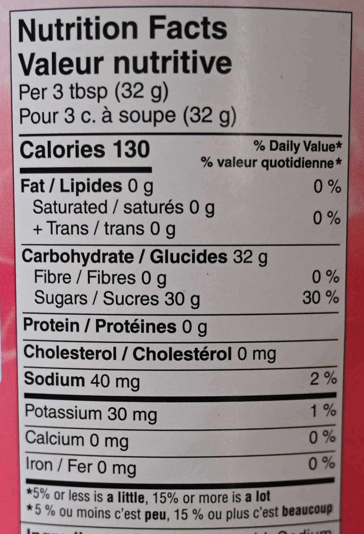 Costco Good Host Raspberry Lemonade nutrition facts from container.