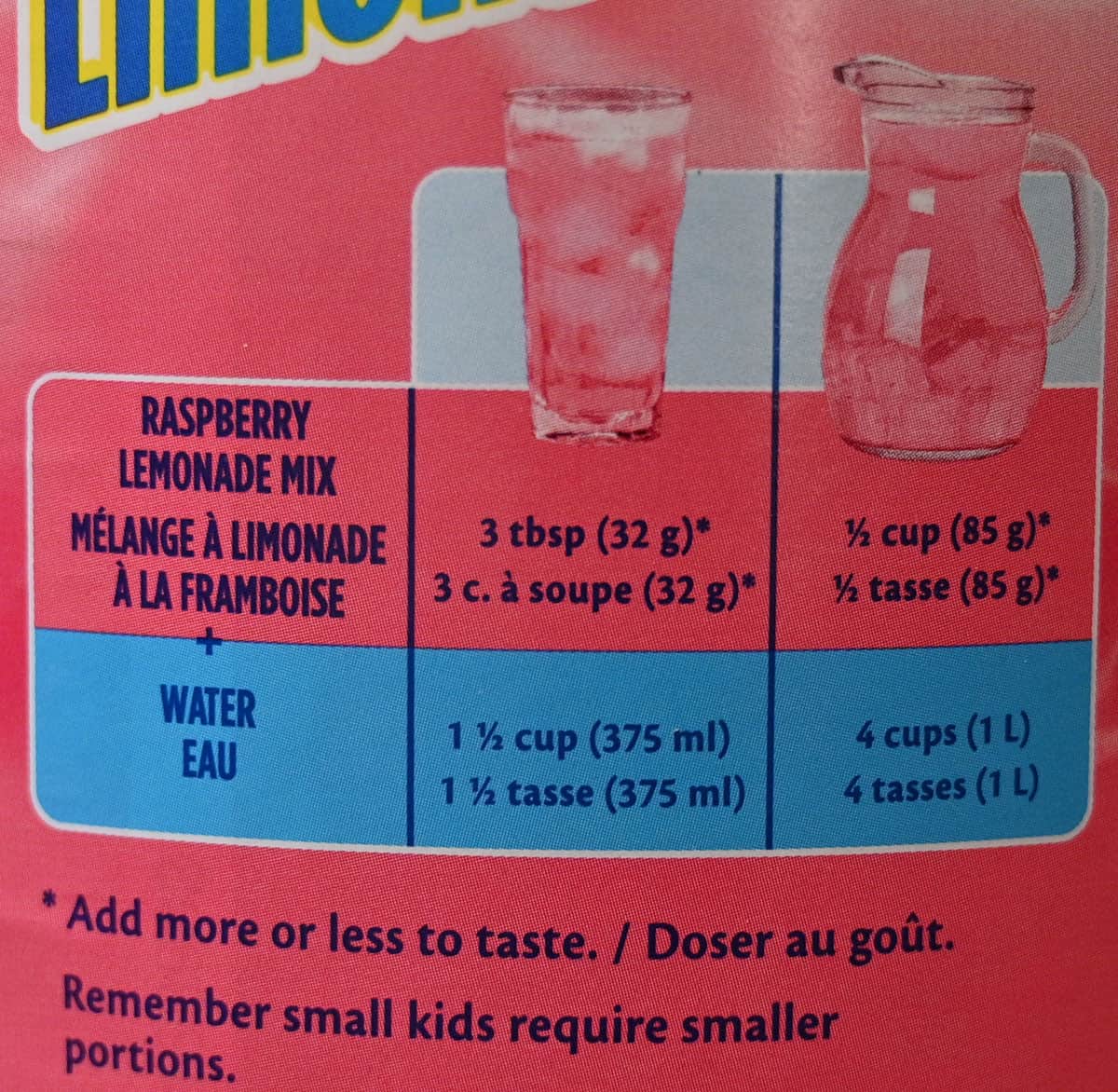 Costco Good Host Raspberry Lemonade preparation instructions from container. 