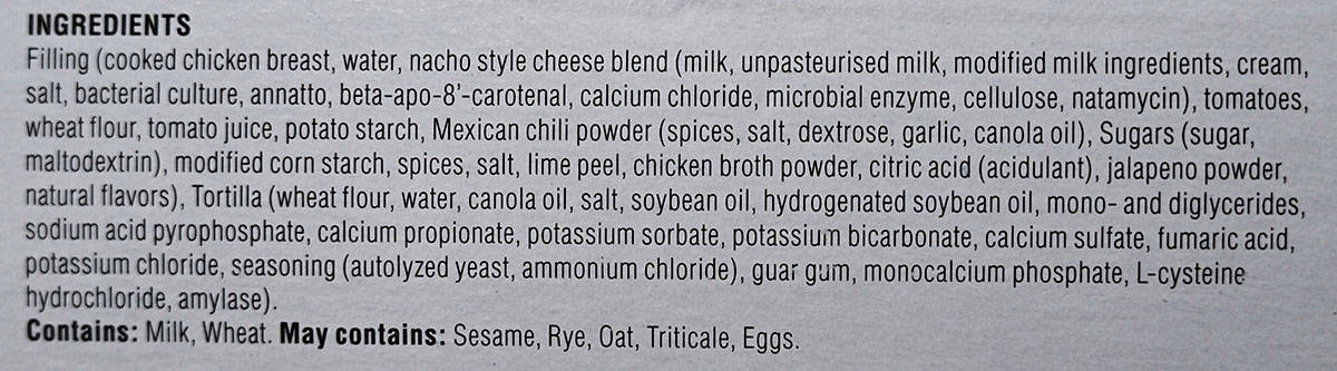 Costco Catarina Chicken Quesadillas ingredients from box.