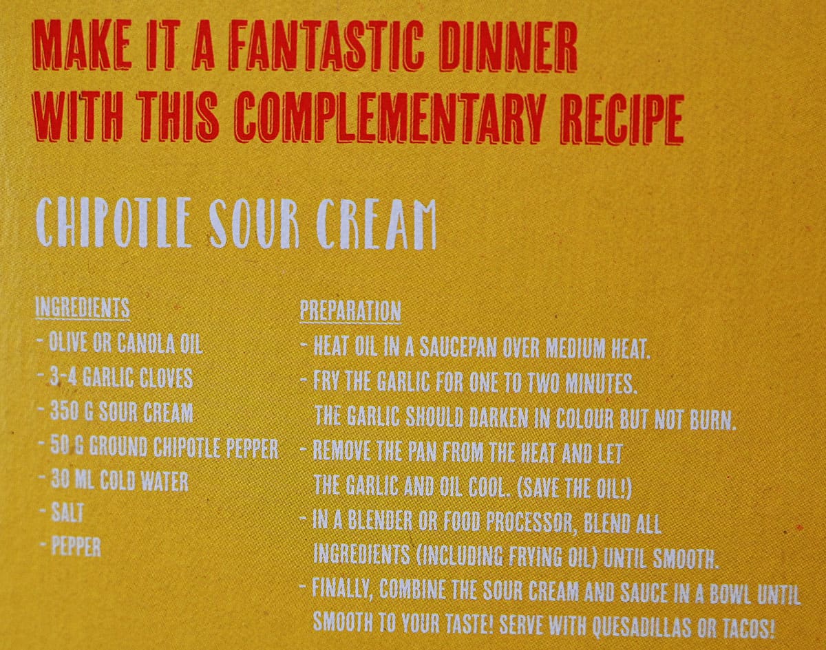Image of a recipe for chipotle sour cream to serve with the quesadillas, from the box.
