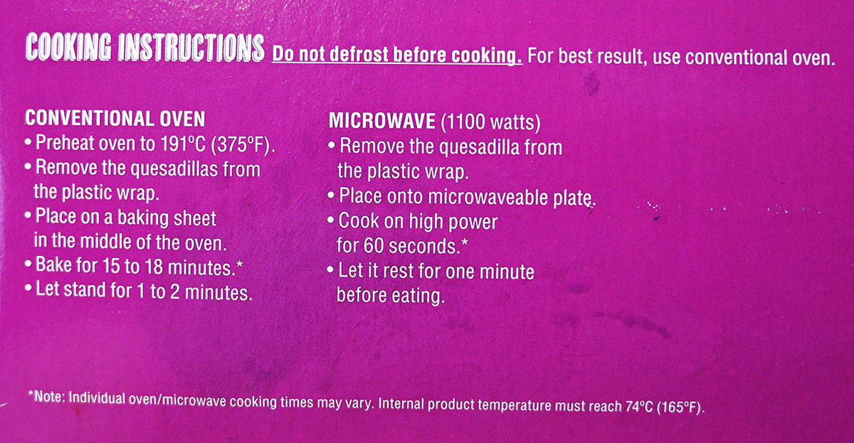 Costco Catarina Chicken Quesadillas cooking instructions from box.