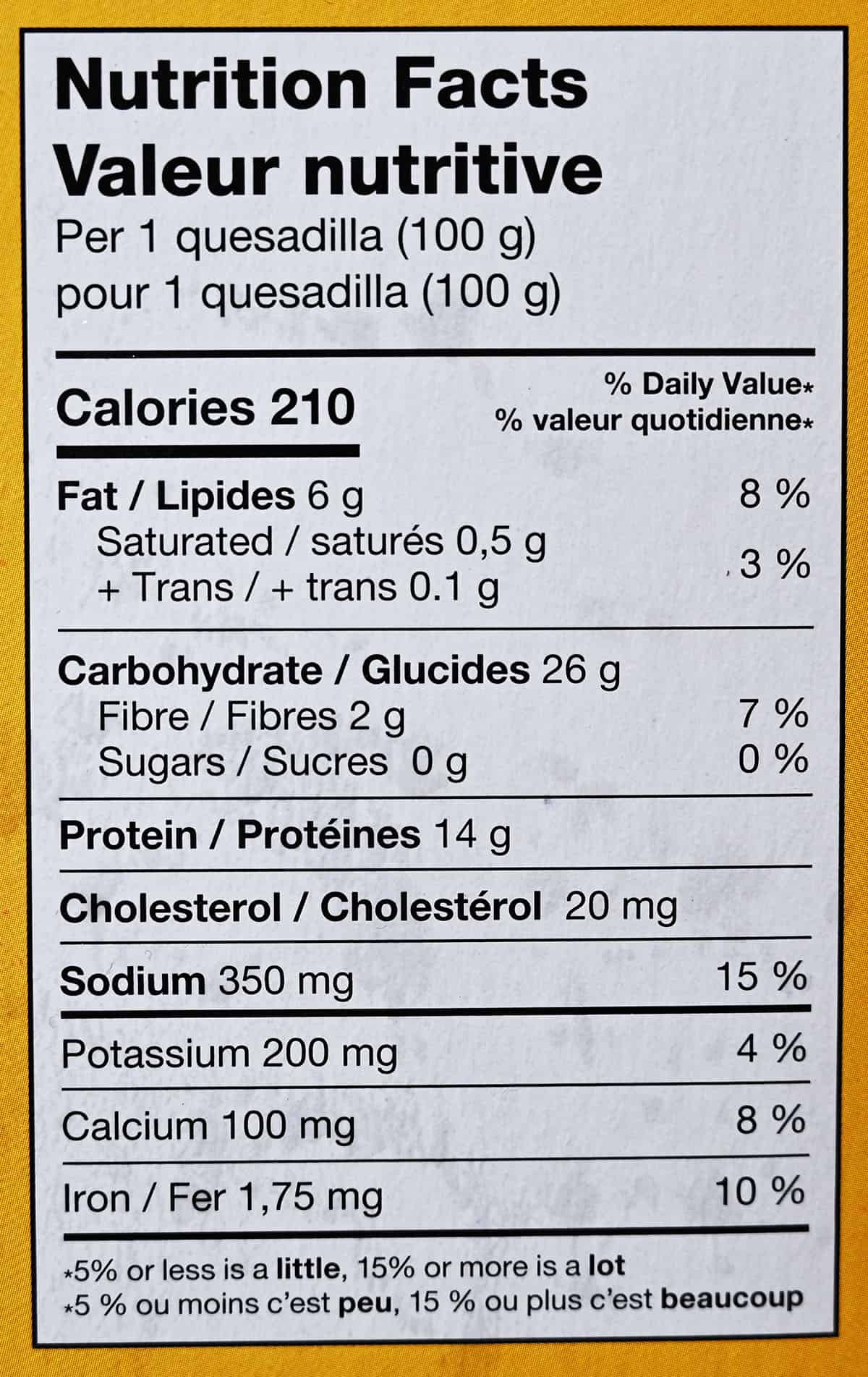 Costco Catarina Chicken Quesadillas nutrition facts from box.