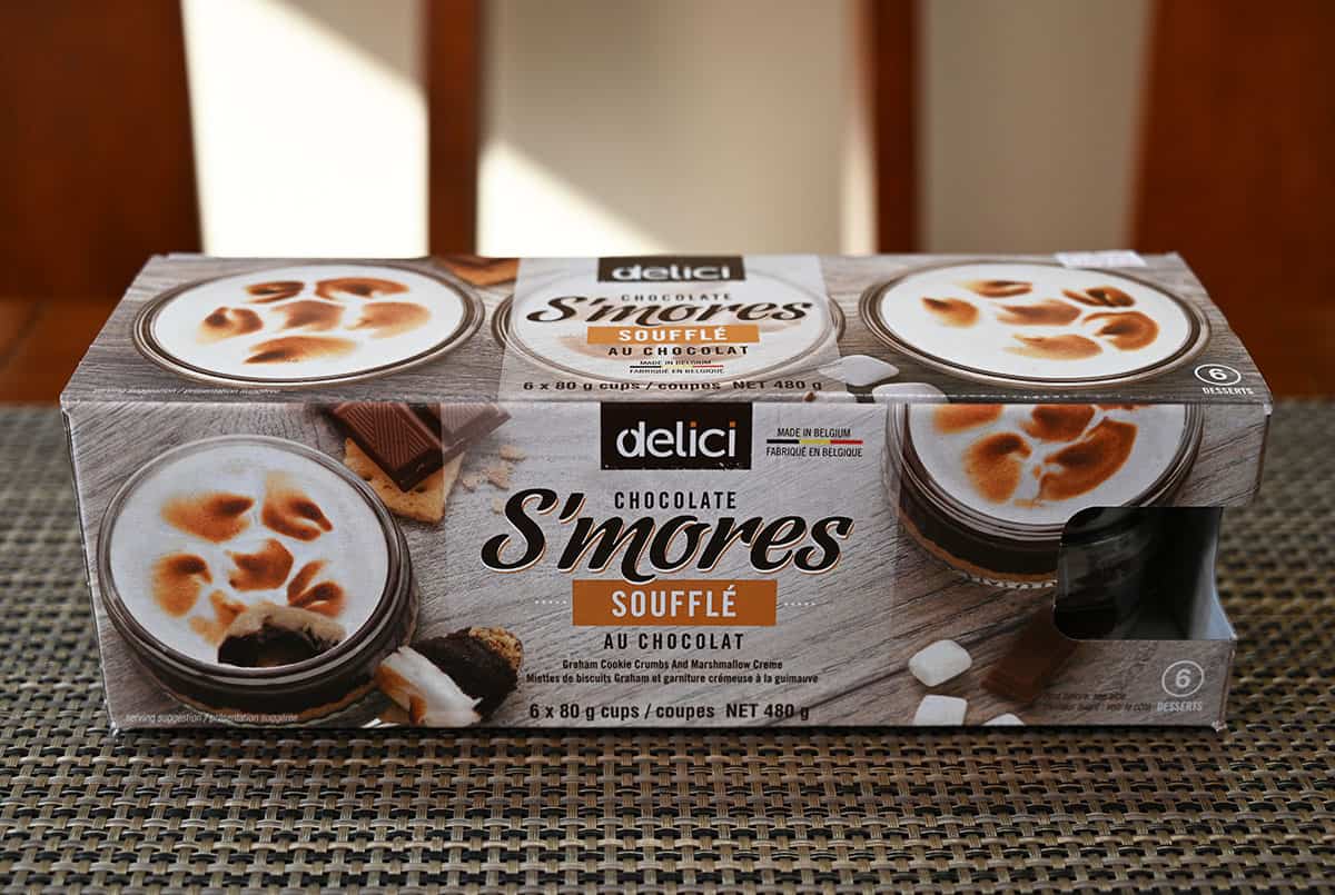 Costco delici Chocolate S'mores Soufflé package sitting on a table. 