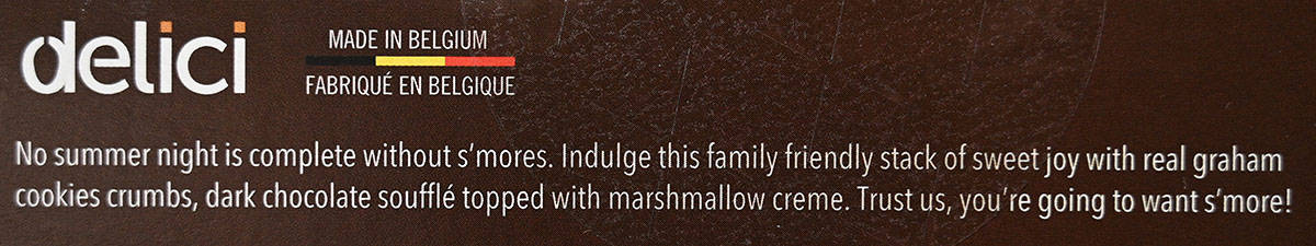 Image of Costco delici Chocolate S'mores Soufflé box stating the product is made in Belgium. 