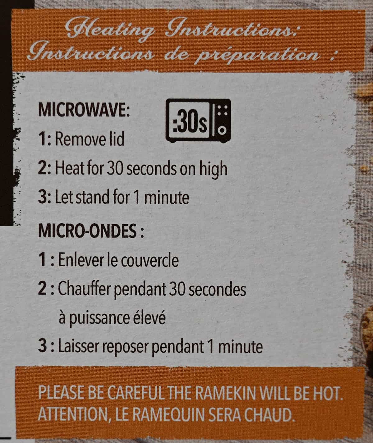 Costco delici Chocolate S'mores Soufflé heating instructions from box.