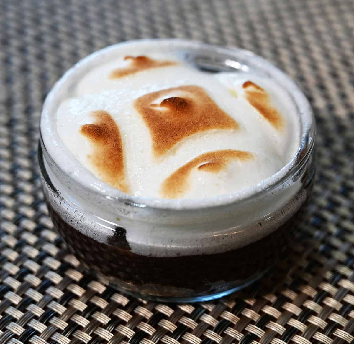 Closeup image of an individual Costco delici Chocolate S'mores Soufflé after microwaving.