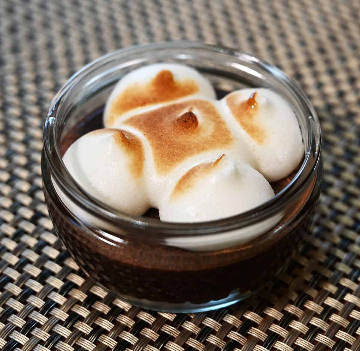 Close up image of one individual Costco delici Chocolate S'mores Soufflé. 