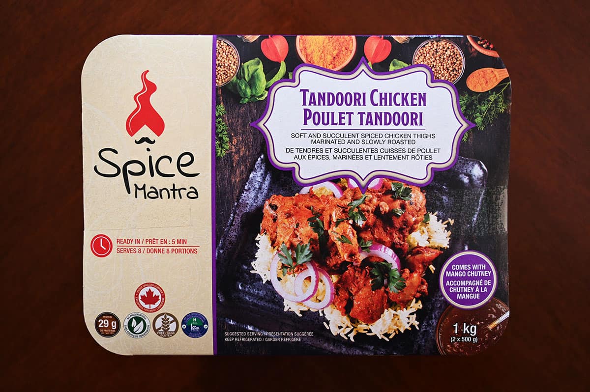 Costco Spice Mantra Tandoori Chicken package sitting on a table, top down image. 