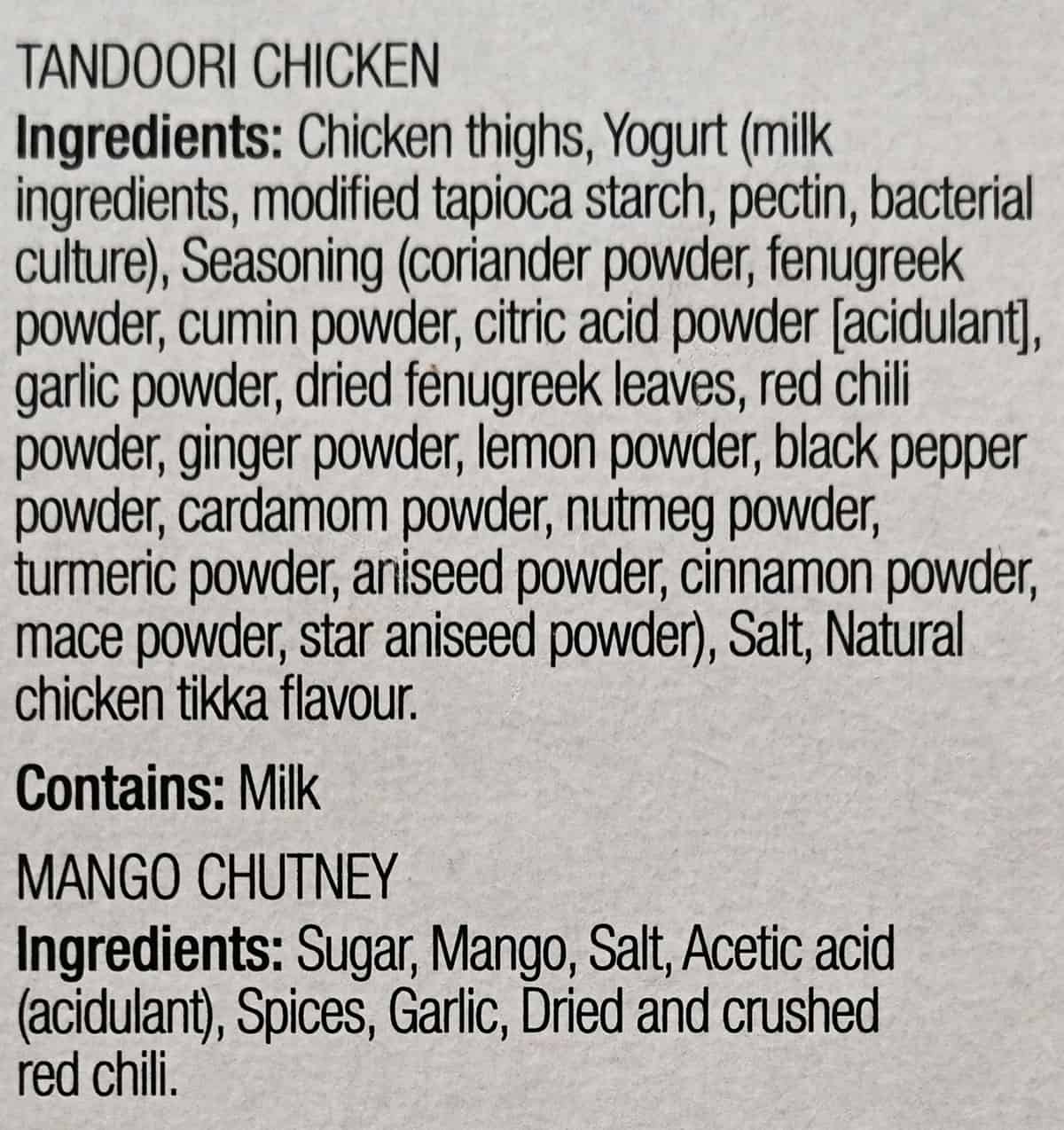 Costco Spice Mantra Tandoori Chicken ingredients from packaging. 