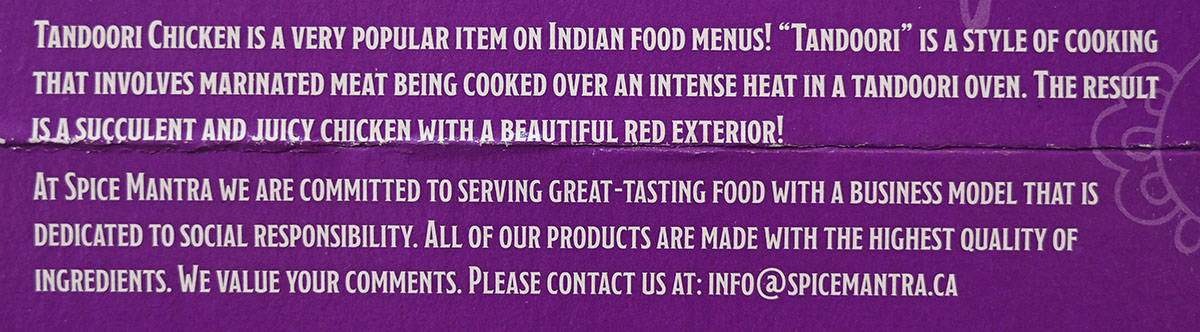 Costco Spice Mantra Tandoori Chicken product description from the box, 