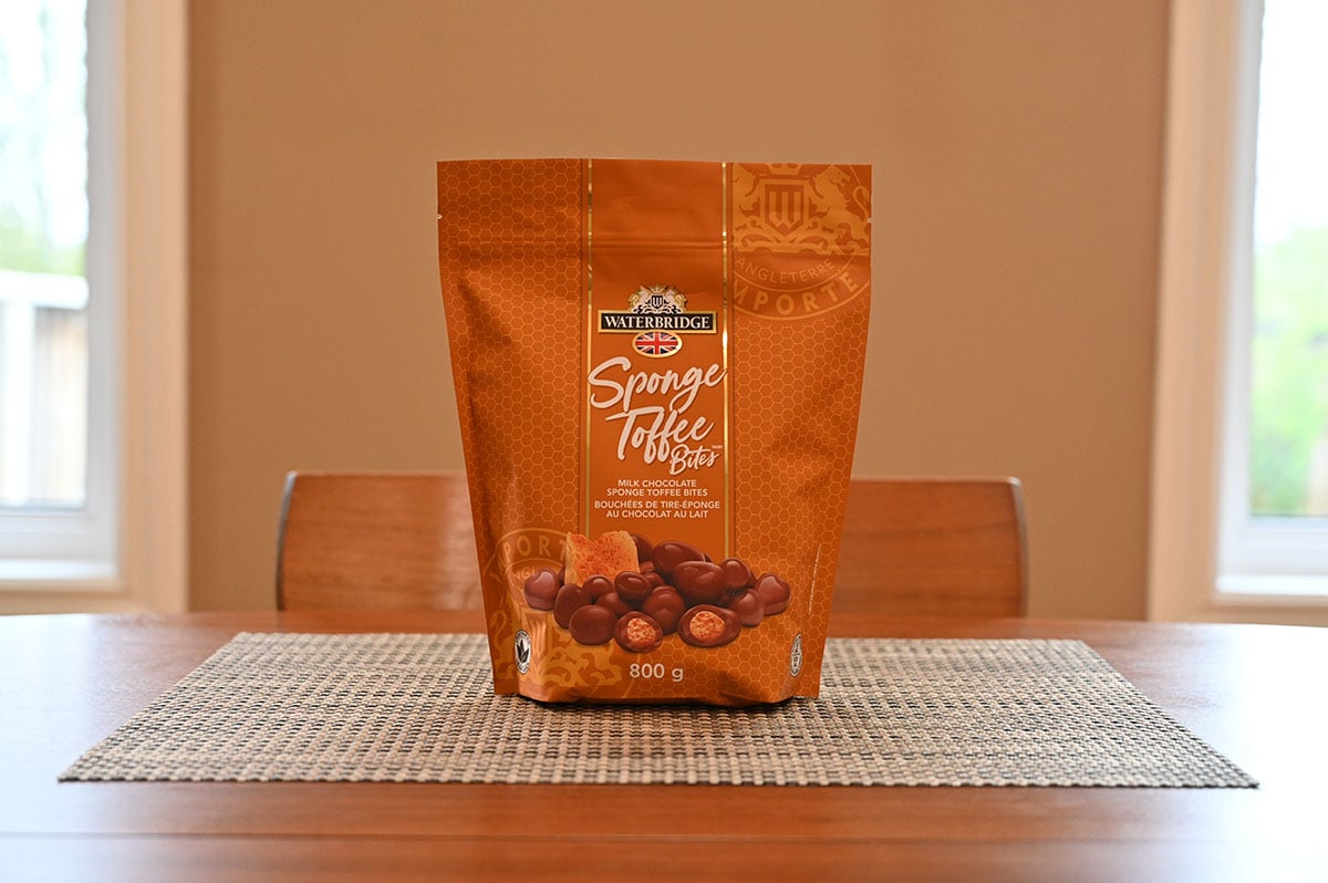 Costco Waterbridge Sponge Toffee Bites bag sitting on a table. 