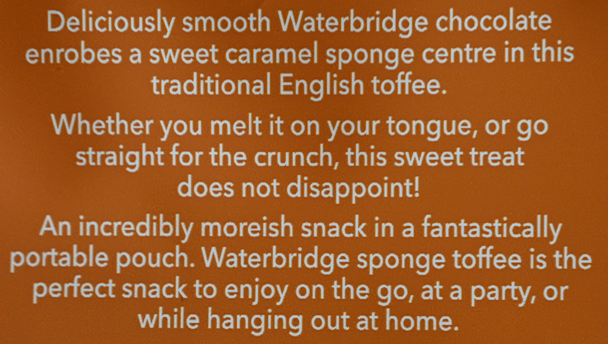 Costco Waterbridge Sponge Toffee Bites product description from the bag. 