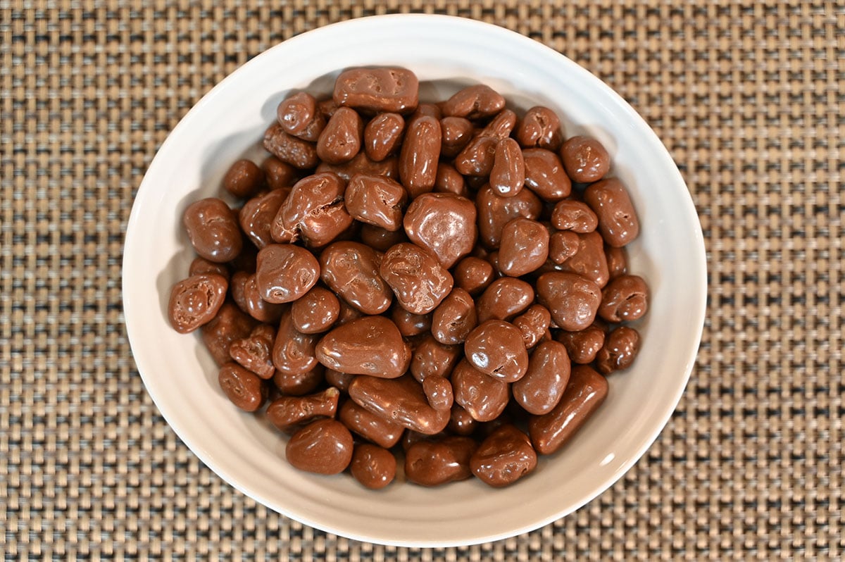 Image of a bowl with Costco Waterbridge Sponge Toffee Bites poured into it. Top down image. 