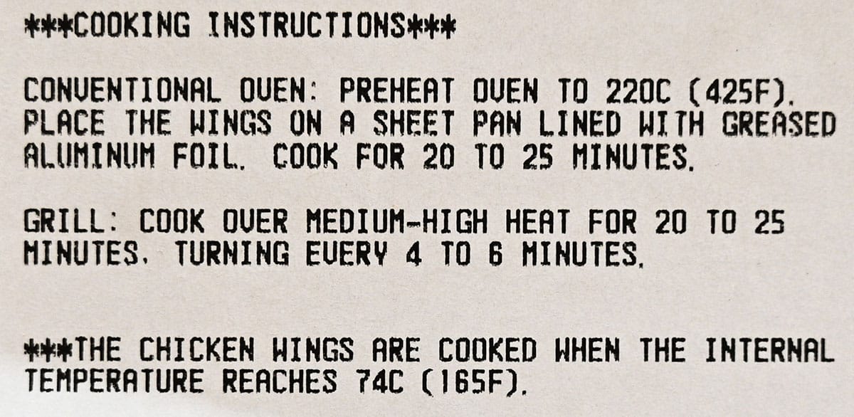 Costco Kirkland Signature Seasoned Chicken Wing cooking instructions from package.