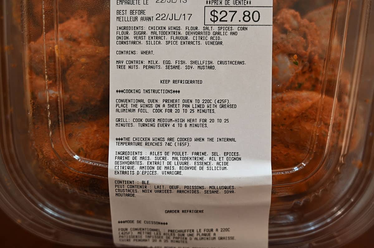 Image of the label of the Costco Kirkland Seasoned Chicken Wings showing the price. 