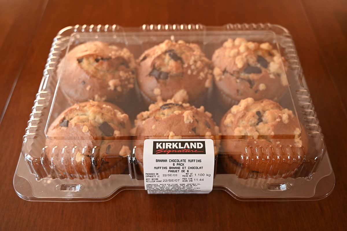 Top down image of the six pack of Costco chocolate banana muffins with the lid on.