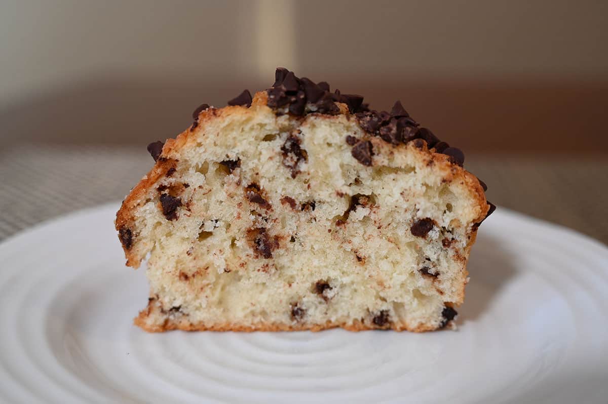 Chocolate chip muffin cut in half so you can see the middle.