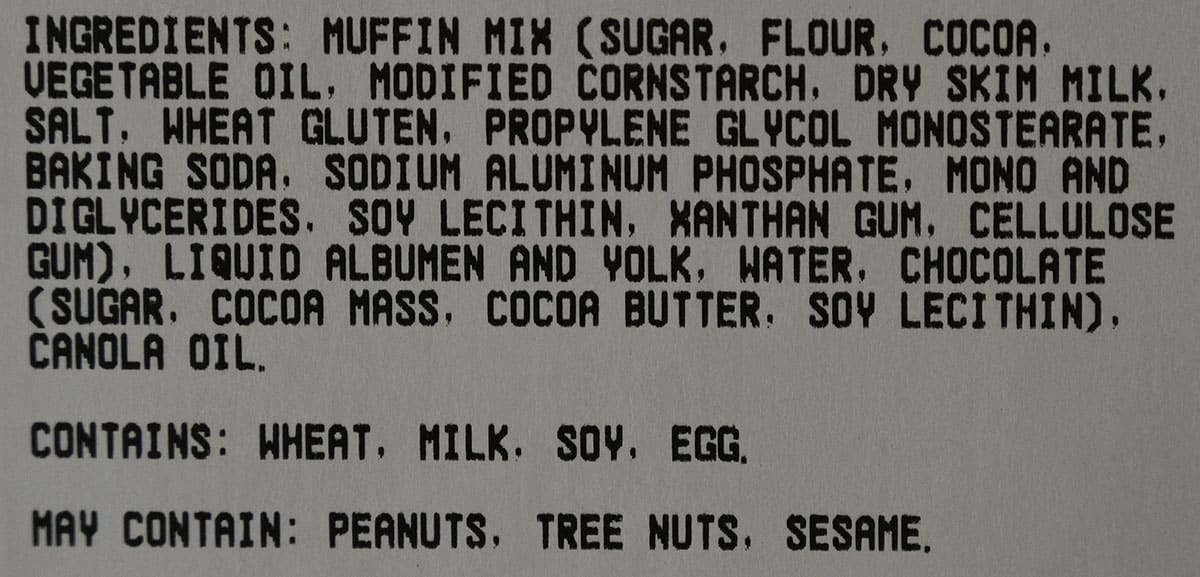 Costco chocolate chip muffin ingredients list from package.