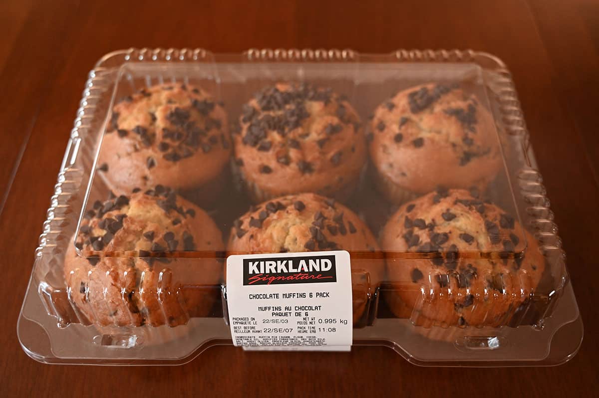 Top down image of the six pack of Costco chocolate chip muffins with the lid on.