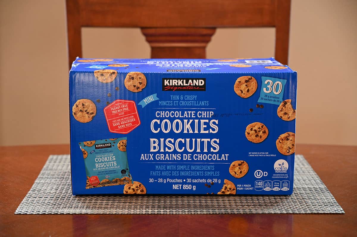 Costco Kirkland Signature Mini Thin & Crispy Chocolate Chip Cookies box sitting on a table.