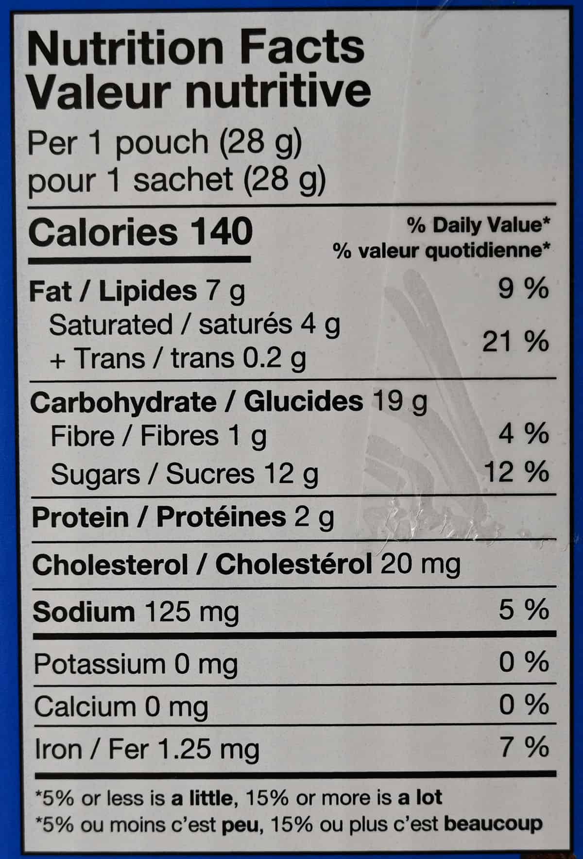 Nutrition facts information from box.